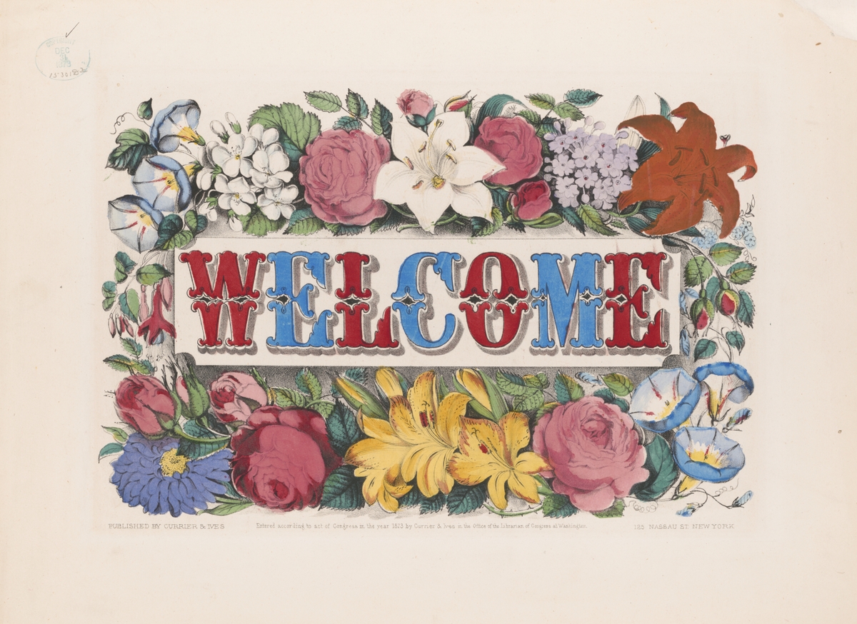 red and blue WELCOME letters surrounded by flowers on a beige background, Valley Ranch Dental Associates